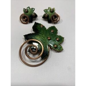 Vintage Matisse Renoir Green Enamel Copper Leaf Brooch Pin Clip Earrings Set